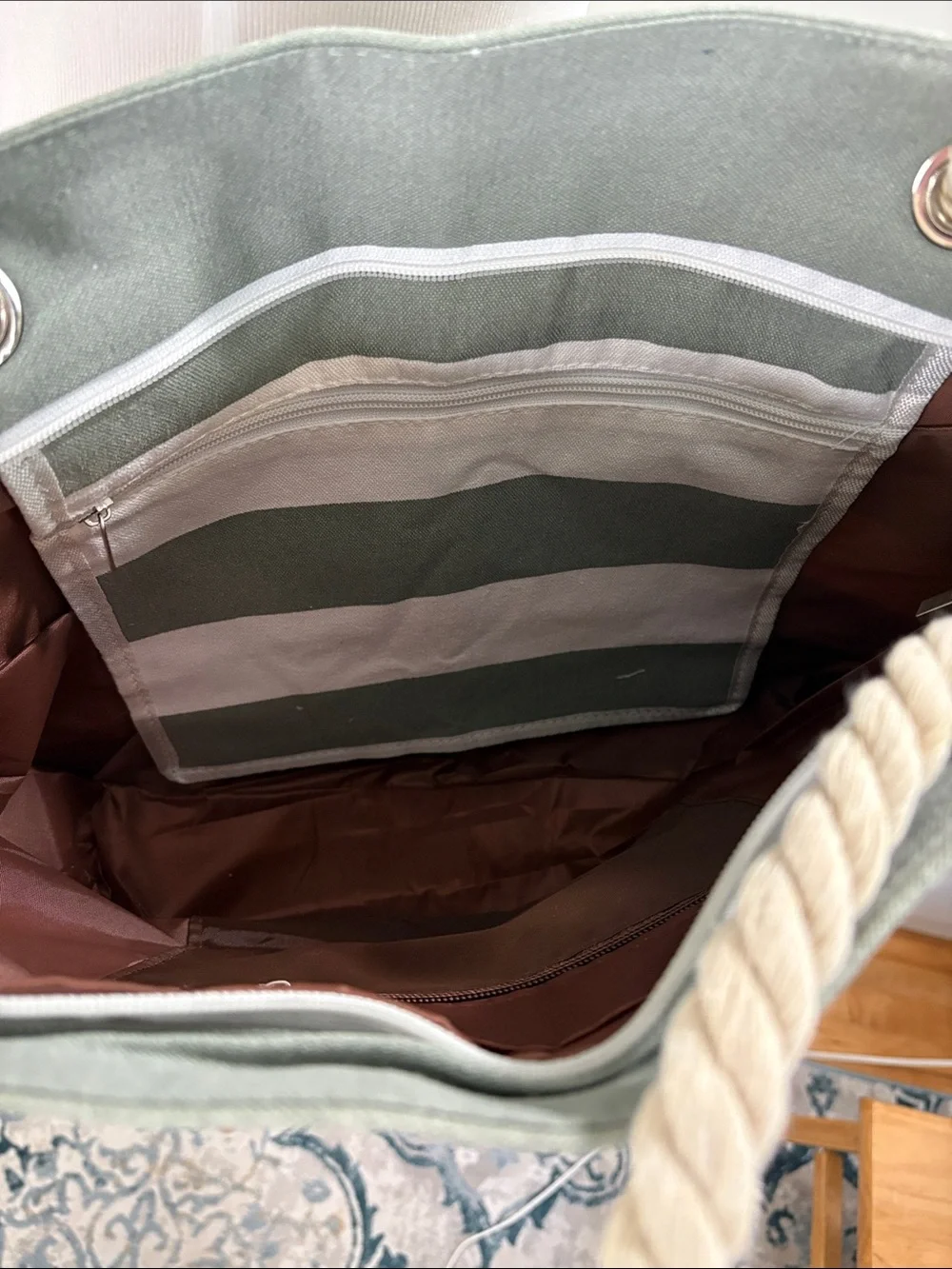 G Monogram Olive Green and White Striped Canvas Tote with Pouch